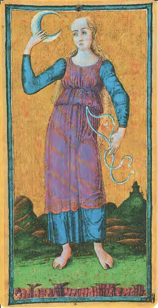 Tarotová karta Měsíc (La Luna) z balíčku Visconti-Sforza